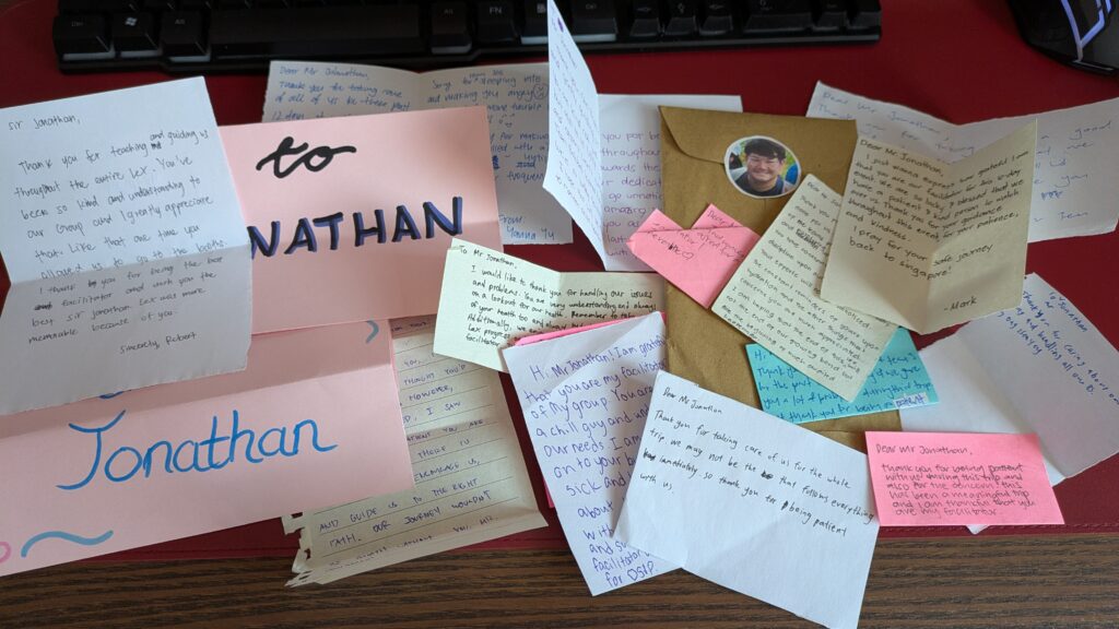 Handwritten appreciation letters addressed to Jonathan Seet from a course cohort