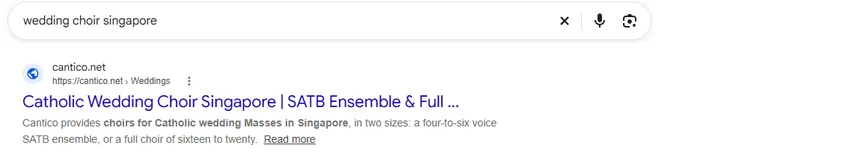 Google result for wedding choir Singapore showing cantico.net ranking on page one